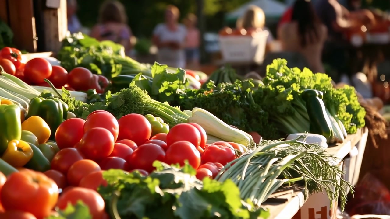 Low-angle close-up of wooden market stall piled with ripe red tomatoes, green and yellow peppers, scallions, broccoli, and ruffled lettuce while blurred shoppers and vendors browse in background