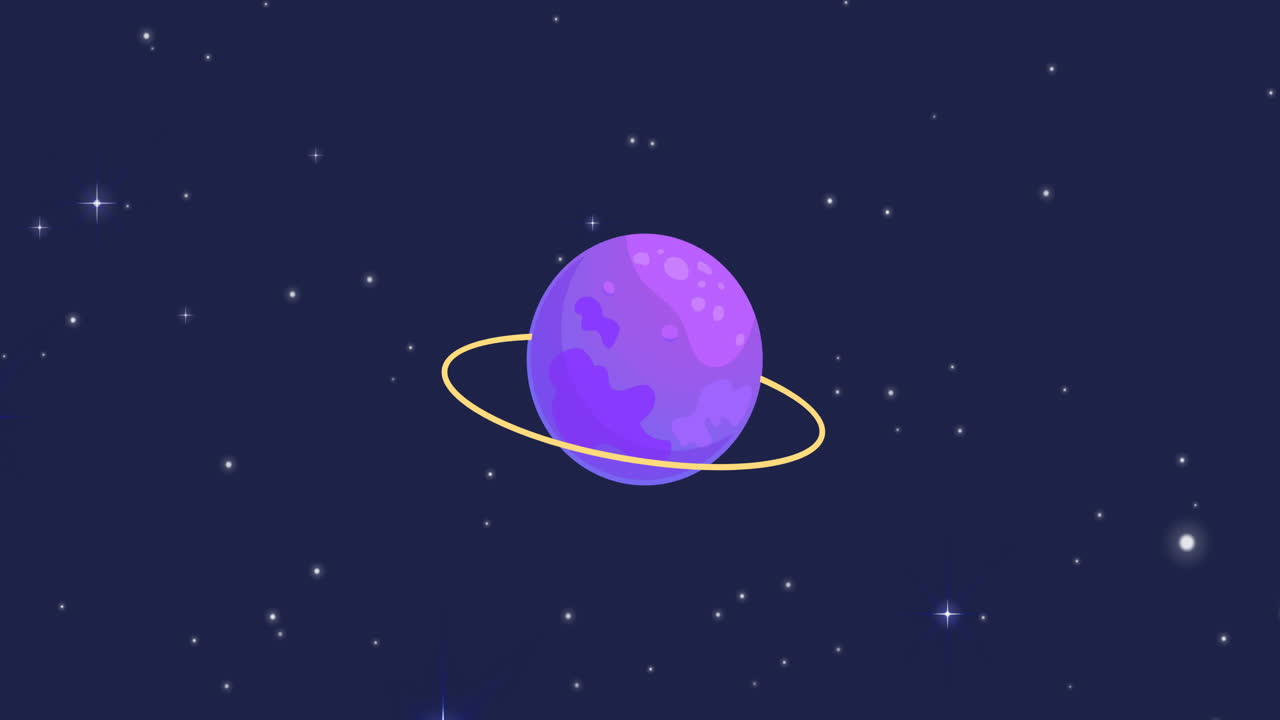 анимация вселенной с фиолетовой планетой сатурн и звездами на голубом небе