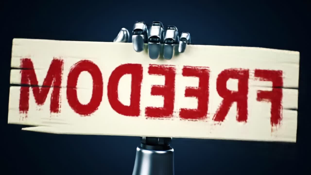 A robotic hand gripping a wooden sign boldly displaying the word 'FREEDOM', portraying themes of autonomy, technology, and contemporary social movements