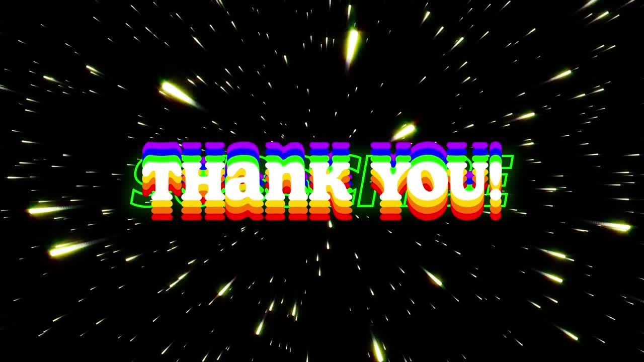 무 없는 패턴으로 반이는 빛의 흔적 위에 무지개 효과와 함께 감사 텍스트 배너의 애니메이션