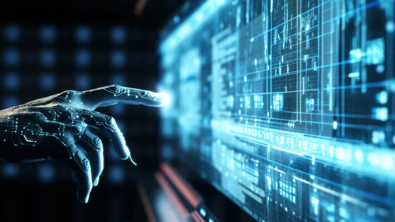 Futuristic video concept of a robotic hand interacting with a digital interface