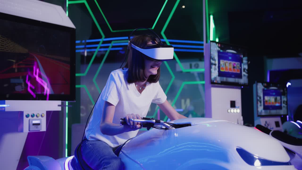 Woman Experiences Virtual Reality Motorcycle Ride in an Arcade
