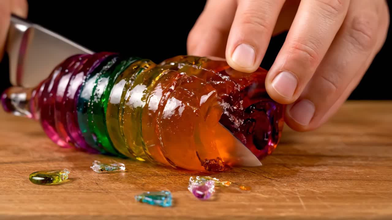 Rainbow Jelly Dessert Being Cut with a Knife