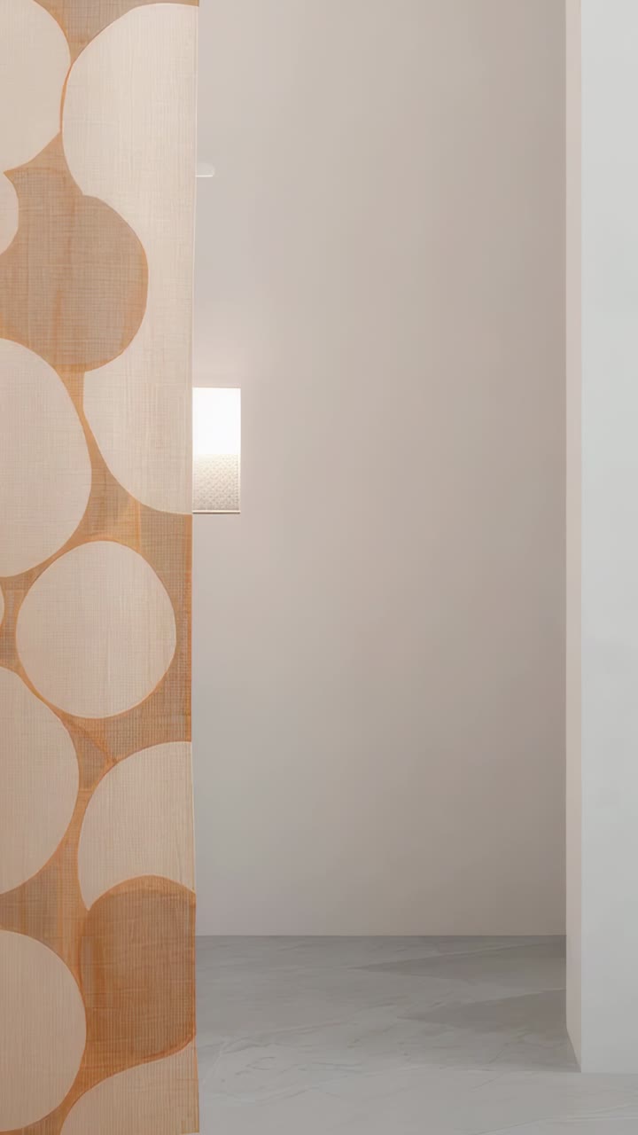 Video verticale: macchina fotografica tenuta in mano, che cattura il pannello tessile sinistro nel corridoio con nicchia illuminata, spazio per la copia