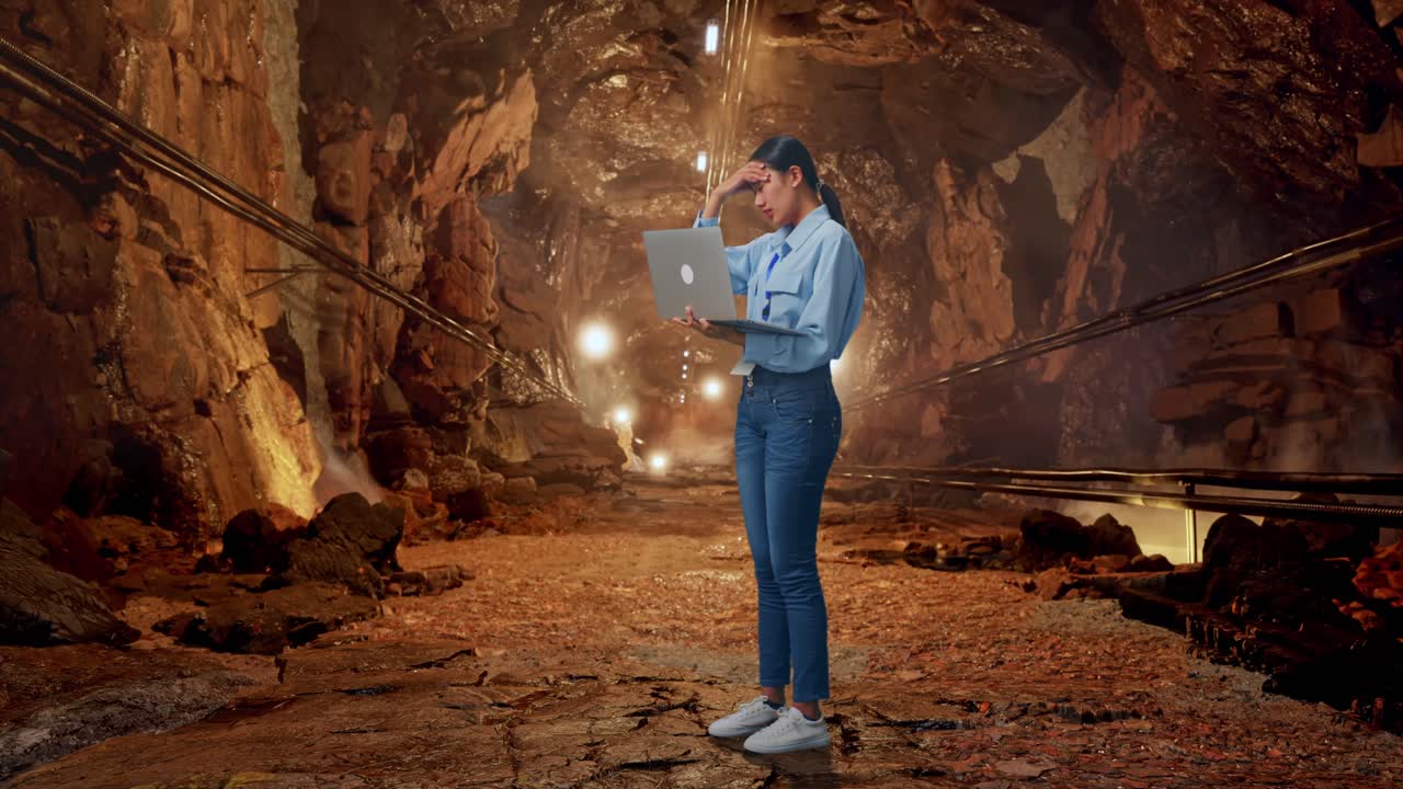 Full Body Side View Of Asian Female With Her Laptop In Underground Mine Tunnel, Typing And Dissapionted With Nodding Her Shead