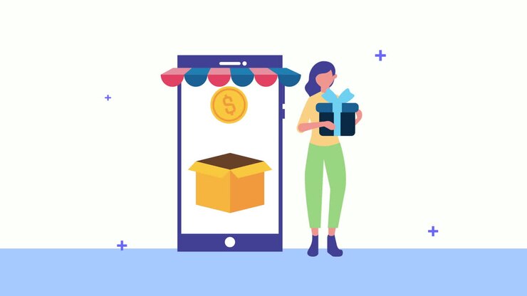 young woman using smartphone with gift