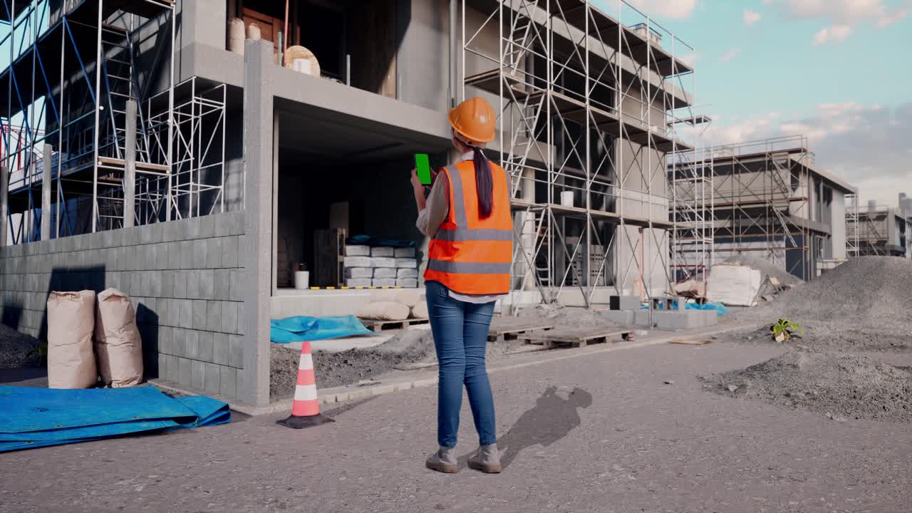 Full Body Back View Of Asian Female Engineer With Safety Helmet Working On A Green Screen Smartphone And Looking Around At Construction Site in Progress to New House