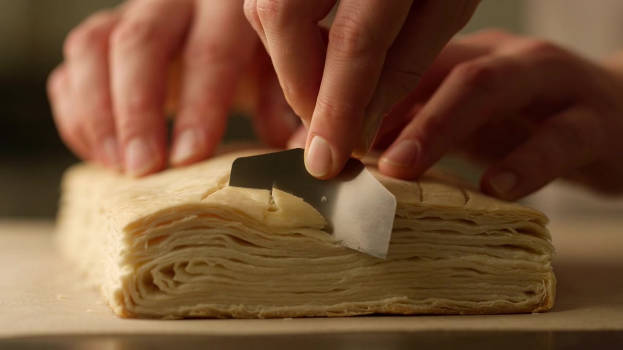 Chef Cutting Layers of Puff Pastry Dough with a Metal Scraper