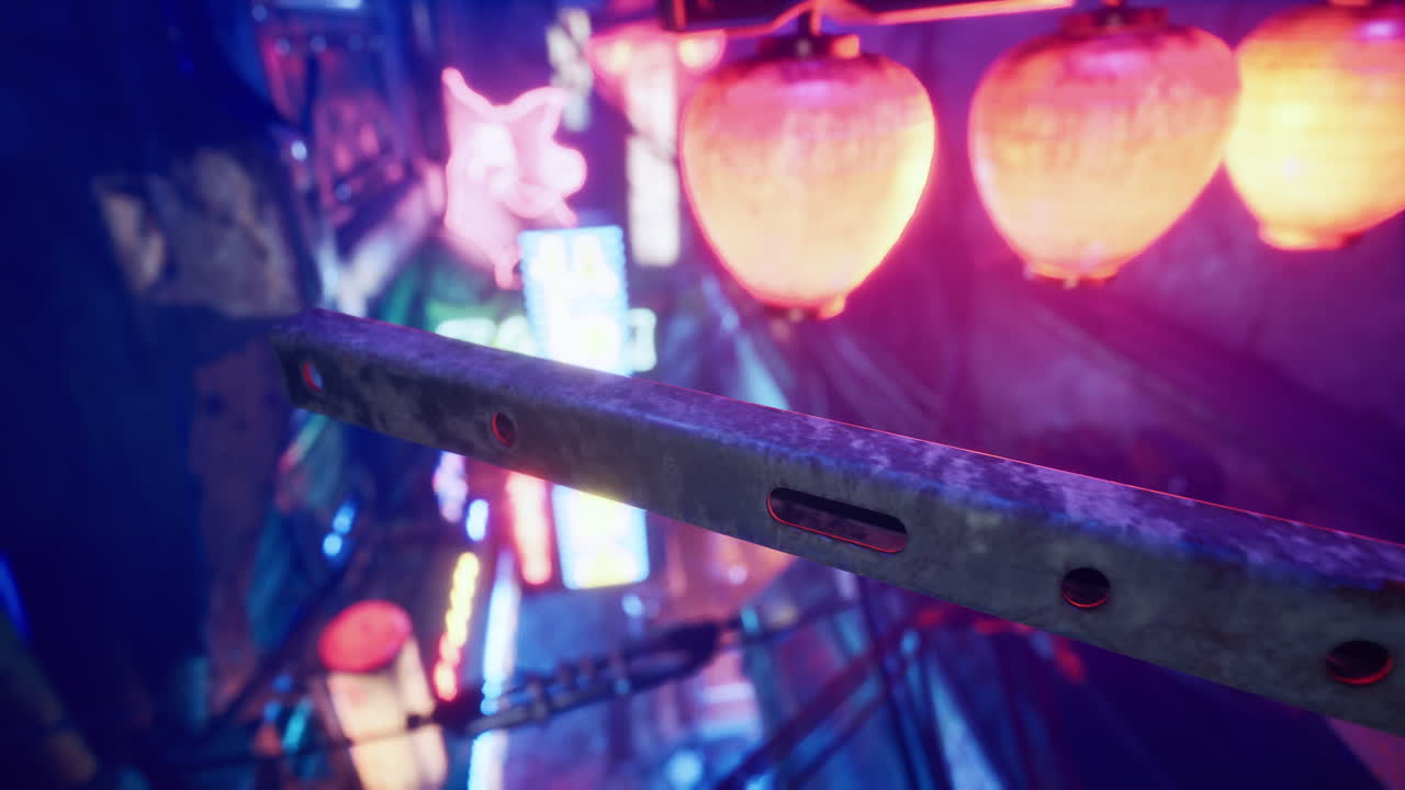 밤에는 네온 레스토랑이 있는 작은 거리