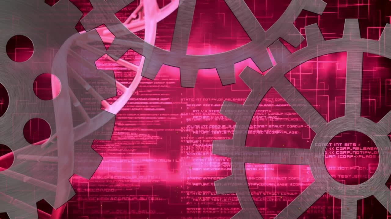 Gears and DNA strand over digital code and red background animation