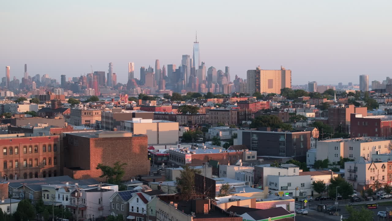 Aerial view of Hoboken, New Jersey with the World Trade Center in the background. Shot on a summer evening