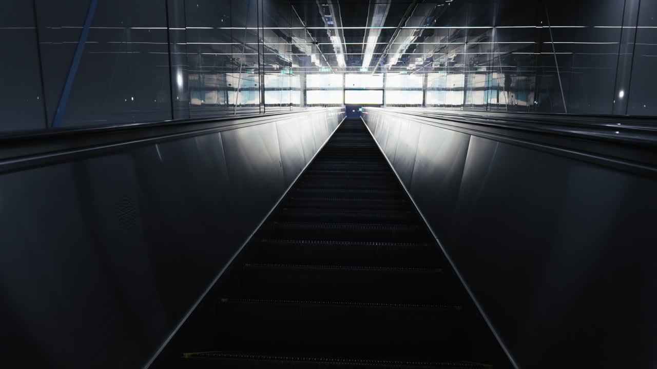 Modern dark escalator leading towards bright reflective surfaces