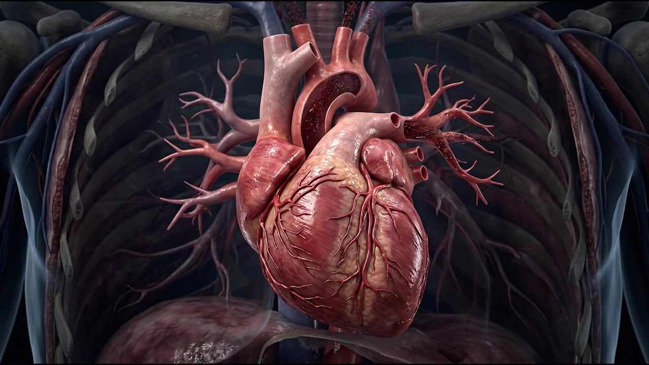 Detailed human heart with branching blood vessels on dark clinical background