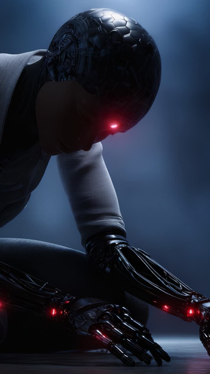 A futuristic humanoid robot with sleek design and glowing elements kneels on a surface, showcasing advanced technology and human-like features in a dimly lit environment