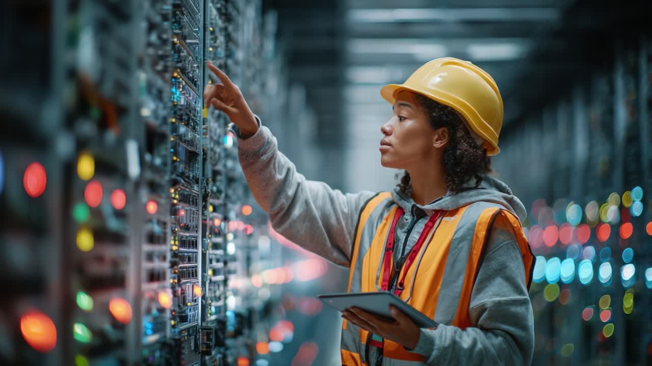 A focused technician in safety gear examines intricate control panels while navigating a high-tech environment, ensuring system functionality and safety protocols