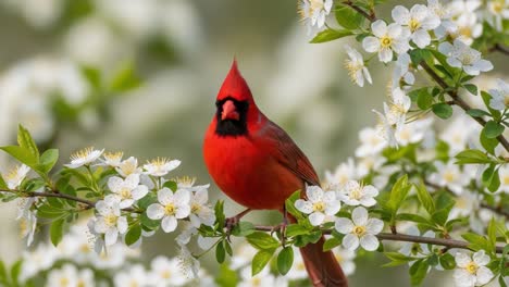 a vibrant cardinal perched among blossoming flowers: captivating nature's beauty in full display through two frames of colorful avian life