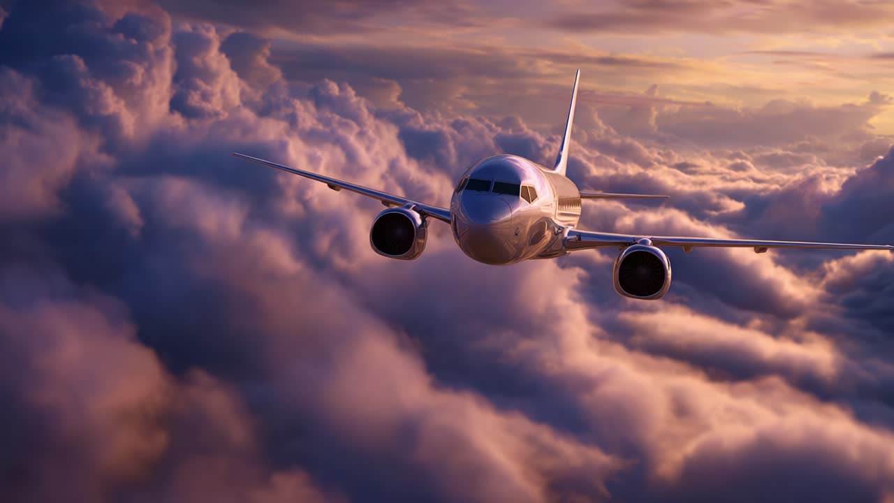 Un maestoso aeroplano vola attraverso vivaci nuvole durante il tramonto, catturando la serenità e la bellezza del volo in uno splendido cielo sopra il mondo sottostante.