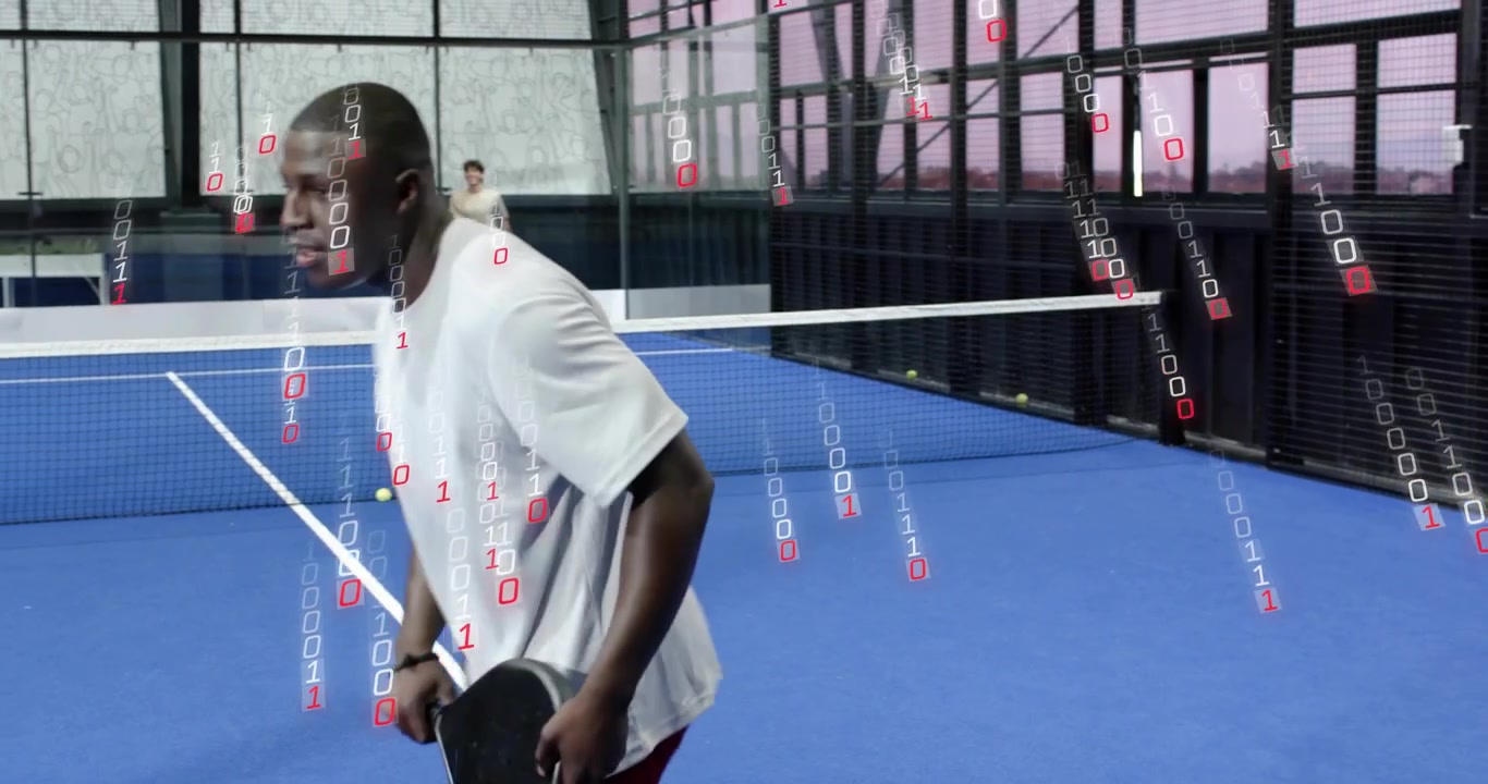 Right athlete tracking and collecting ball after opponent serve as overlay showing sports analytics