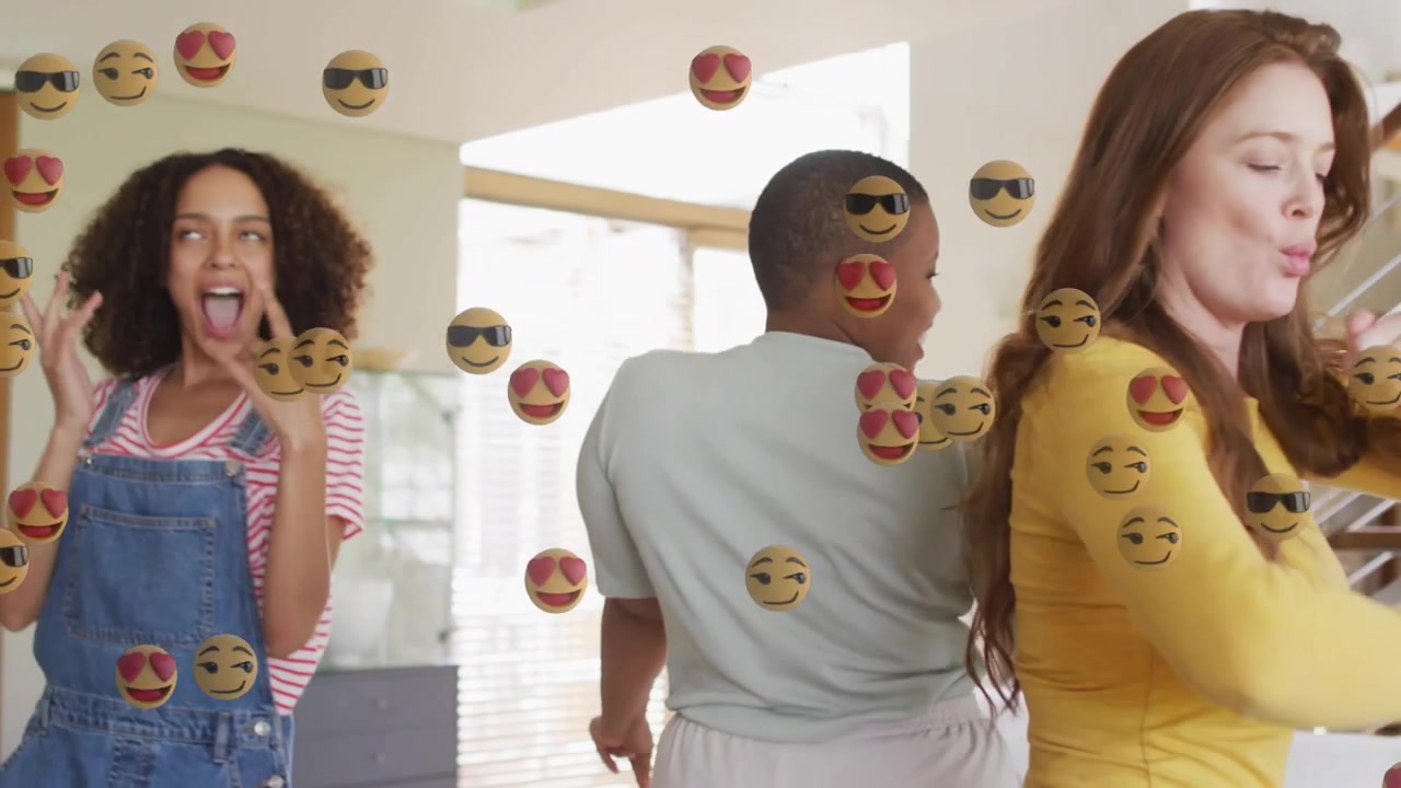 Vertical video: Music starting, three women dancing in home for social media, emojis overlaying