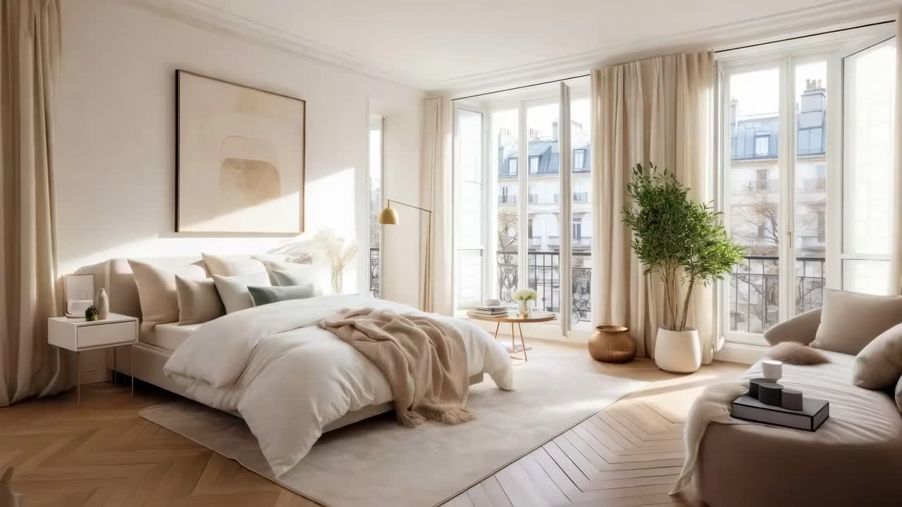 Bright, minimalist bedroom with large windows, modern decor, and neutral tones