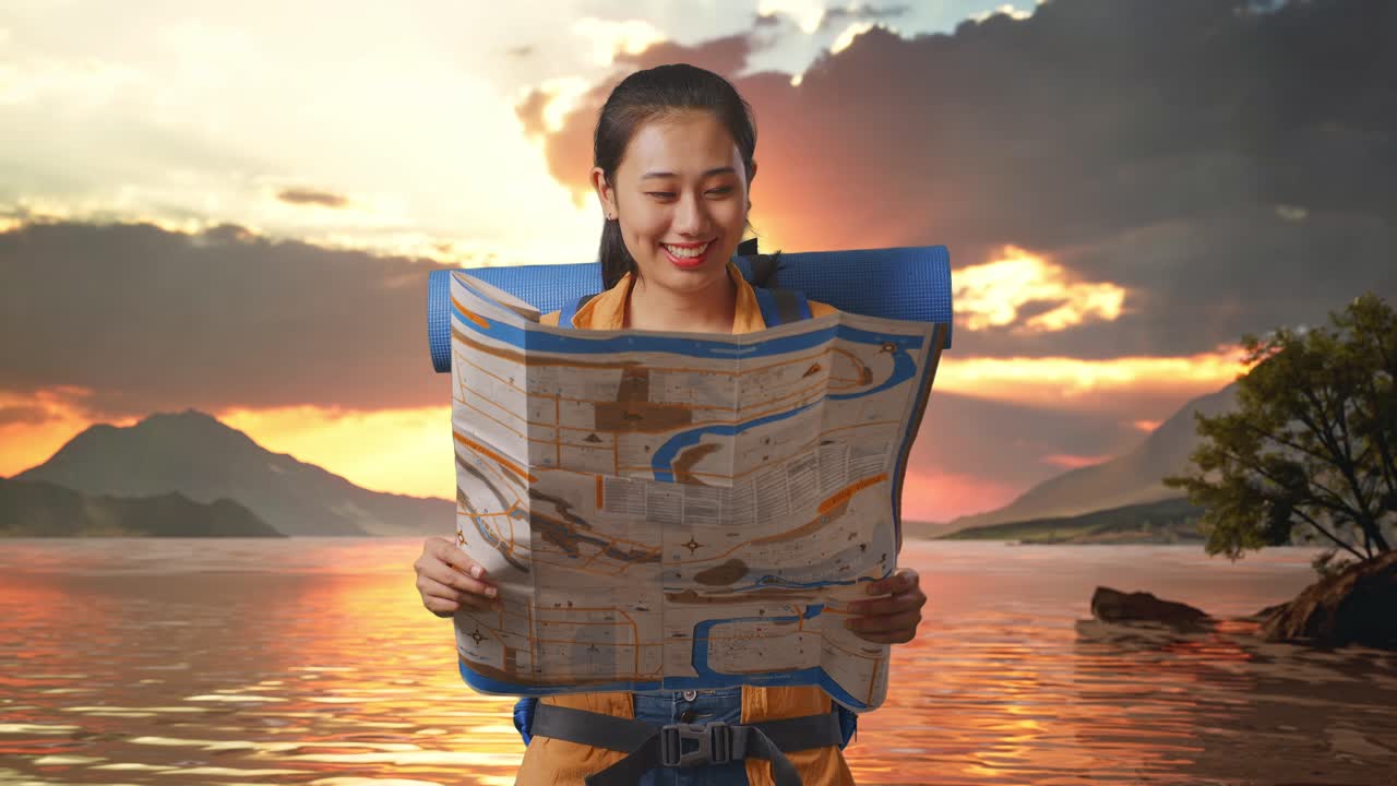 Asian Female Hiker With Mountaineering Backpack Looking At The Map Then Smiling To Camera While Standing At A Lake During Sunset Time