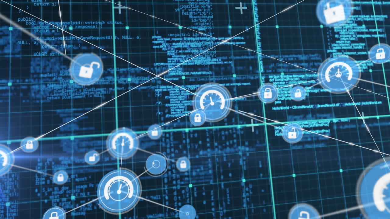 Animation of network of digital icons and data processing over grid network against blue background