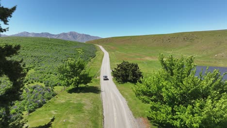 Car-traveling-on-dirt-road-through-green-New-Zealand-rural-landscape,-aerial