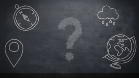 iconos del concepto de la escuela contra el símbolo del signo de interrogación en la pizarra