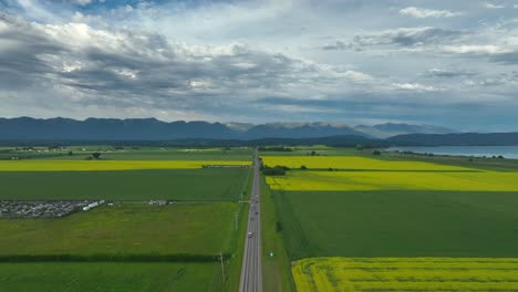 scenic road in canola fields with cars traveling from kalispell towards bigfork in montana