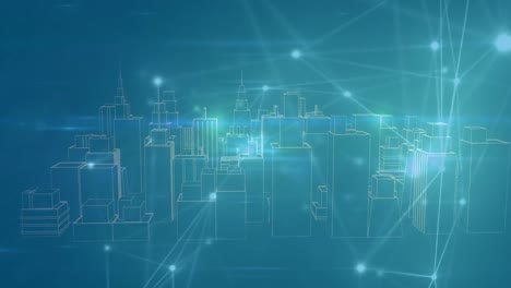 animation of illuminated connected dots moving over 3d cityscape structure with buildings