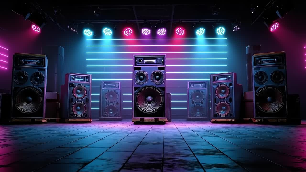 un grupo de oradores sentados en la parte superior de un piso de madera