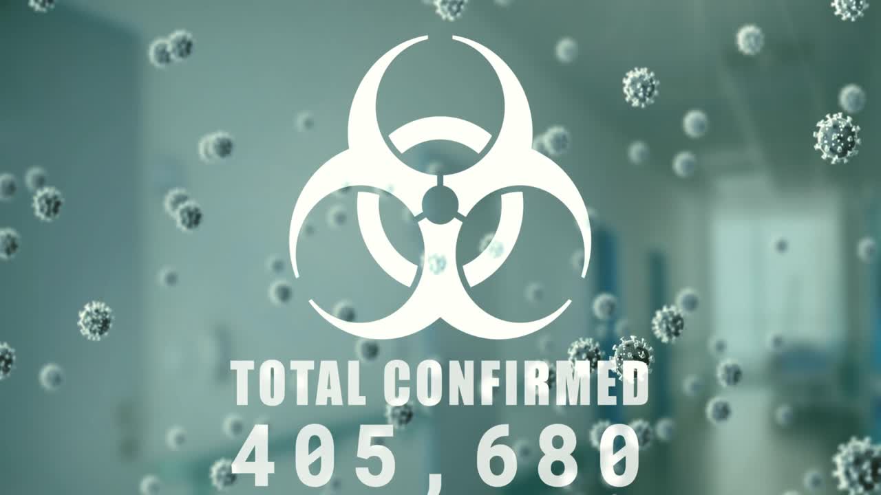 총 확인 및 변화하는 숫자 및 거시 코로나-19 세포라는 단어가 있는 바이러스 표지판의 애니메이션