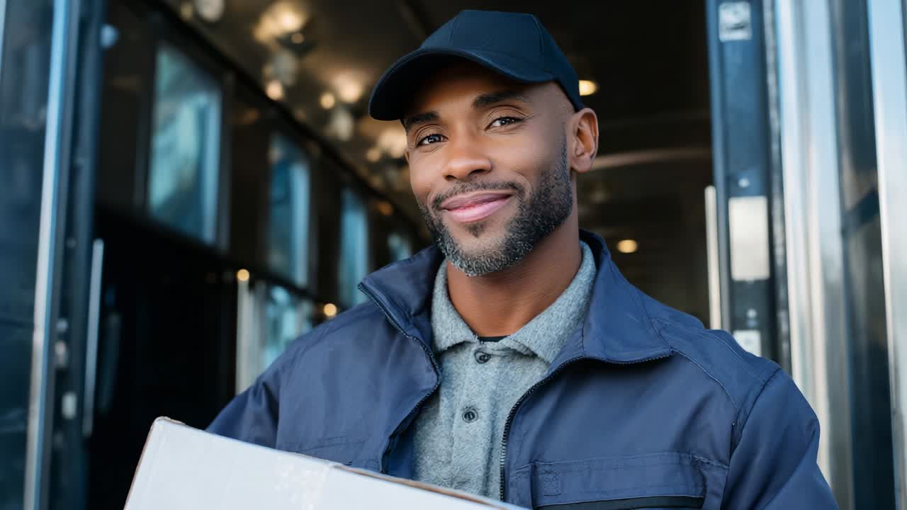 A smiling delivery person stands confidently at the entrance of a modern building, holding a package while showcasing professionalism and positivity, reflecting a friendly customer service experience