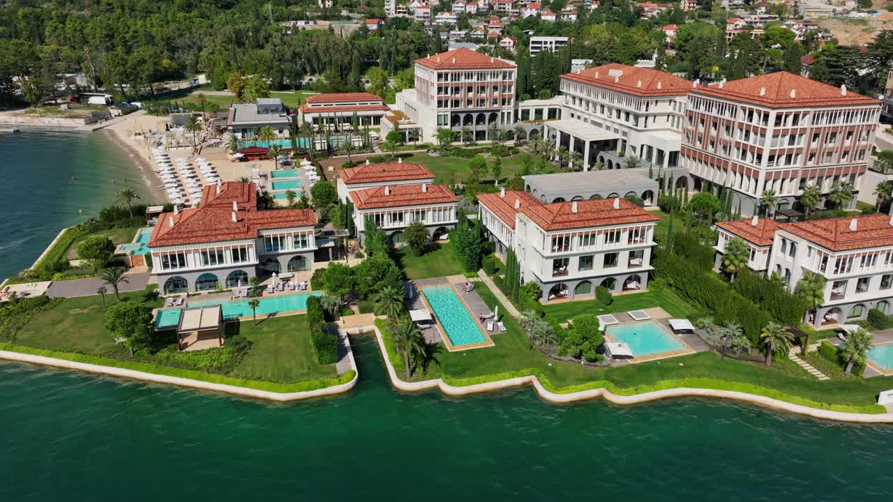 Portonovi Hotel And Resort In Herceg Novi, Montenegro - Luxury Waterfront Resort On Adriatic Coast. aerial sideways shot