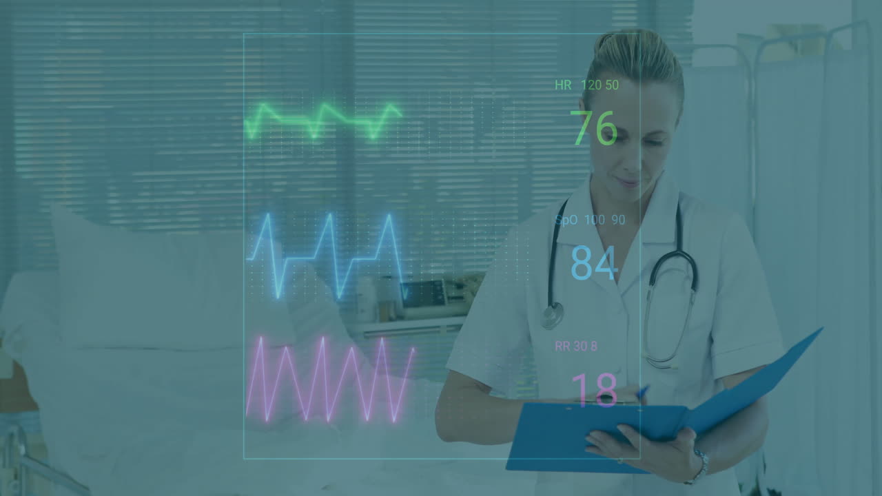 Reviewing patient data, healthcare professional using digital animation in hospital