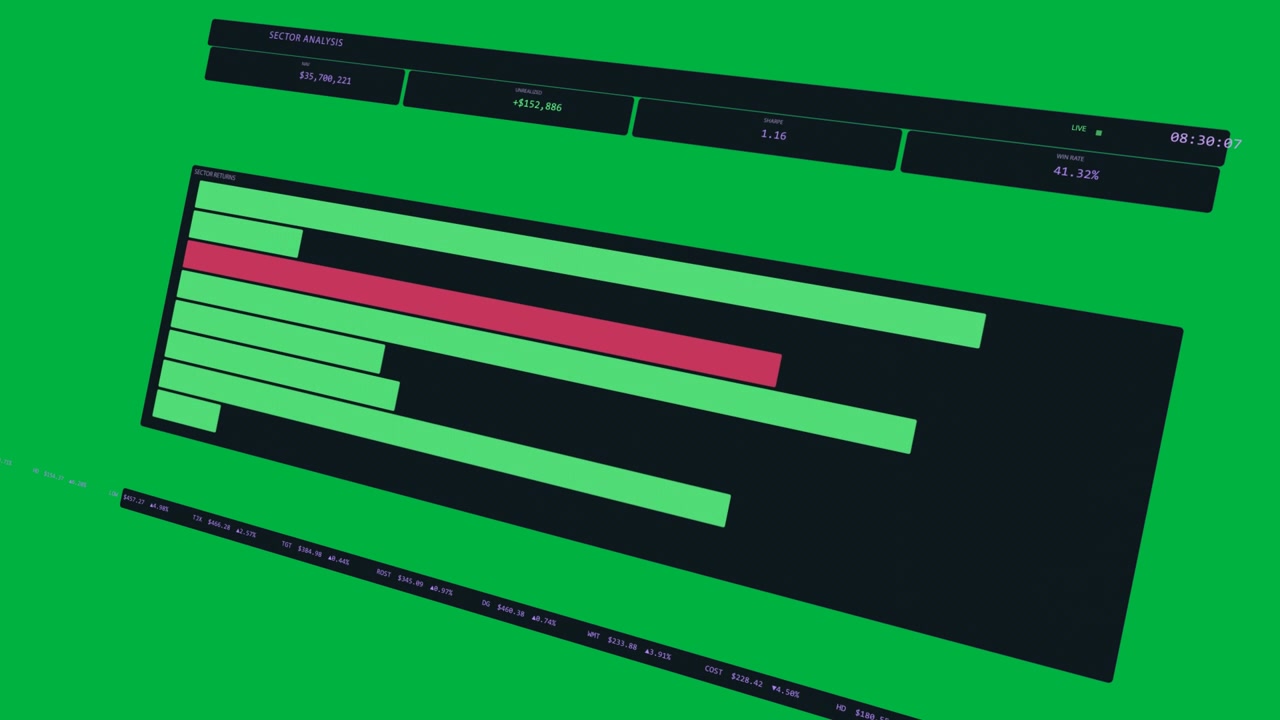 Sector UI rotating and tilting, clock updating, stats changing, red bar staying red, transparent