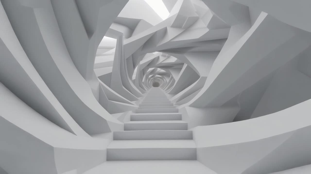 Poruszanie się przez futurystyczny biały geometryczny tunel ze schodami
