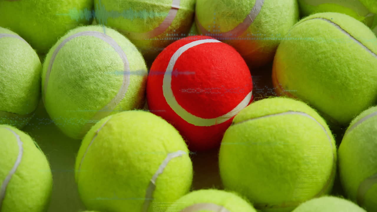 Neon green tennis balls piling around red ball in close-up, showing glitch texture in 3D render