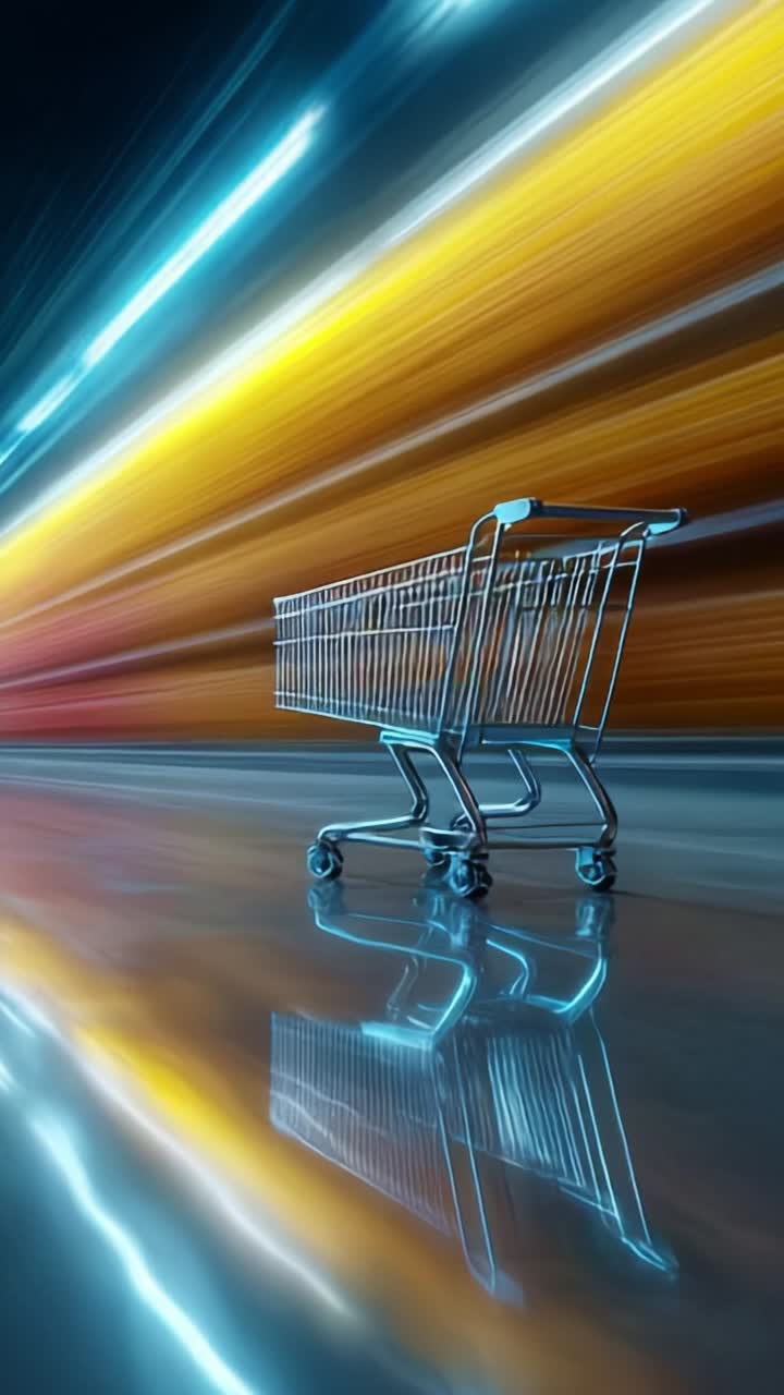 A dynamic motion blur emphasizes the sleek design of a shopping cart captured in a futuristic setting, highlighting both speed and modernity in retail shopping experiences