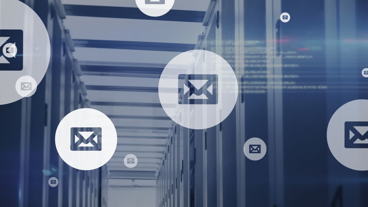 Animation of message icons floating and data processing against computer server room