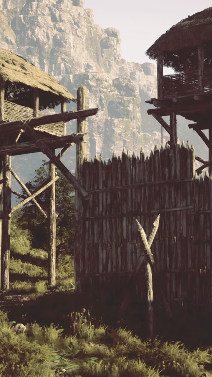 Imponenti torri di legno si affacciano su un ingresso rustico fortificato nella natura