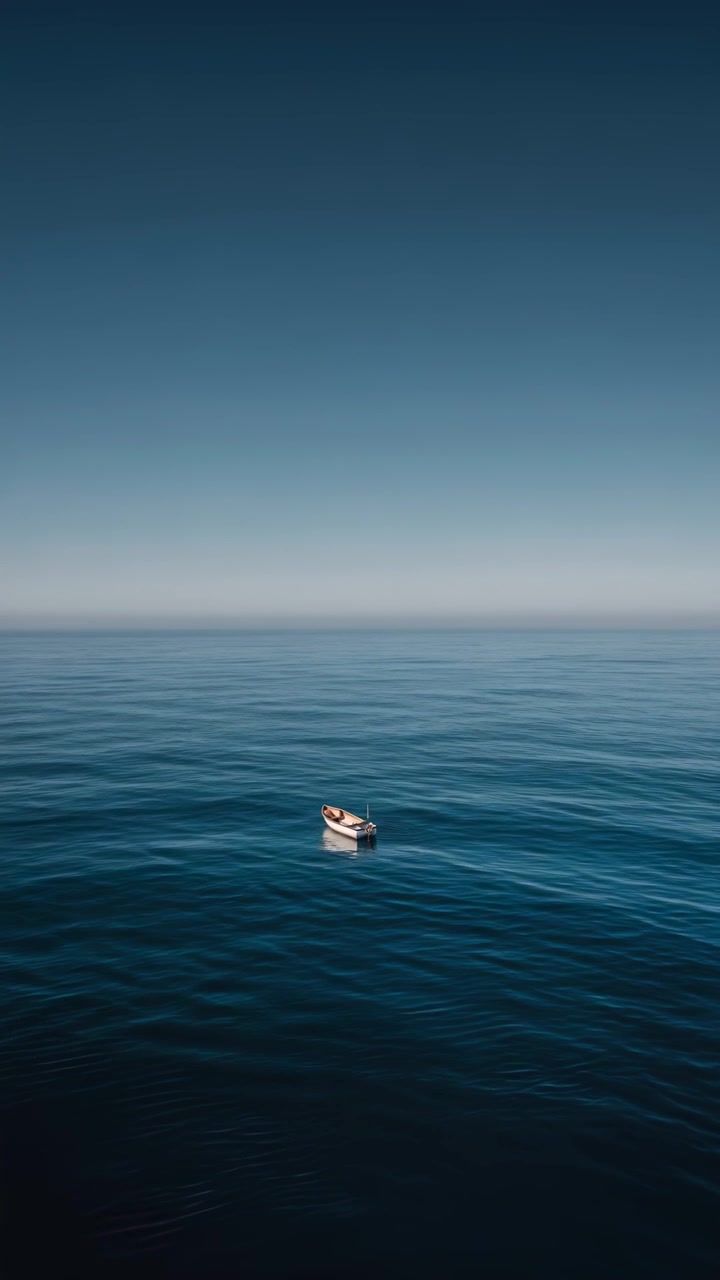 Small Fishing Boat Floating Alone in the Vast Open Ocean