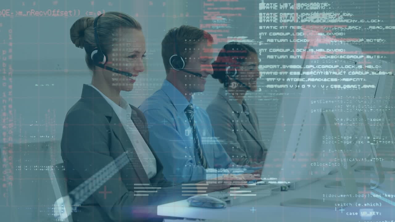 animazione dell'elaborazione dei dati su uomini d'affari caucasici che lavorano in ufficio