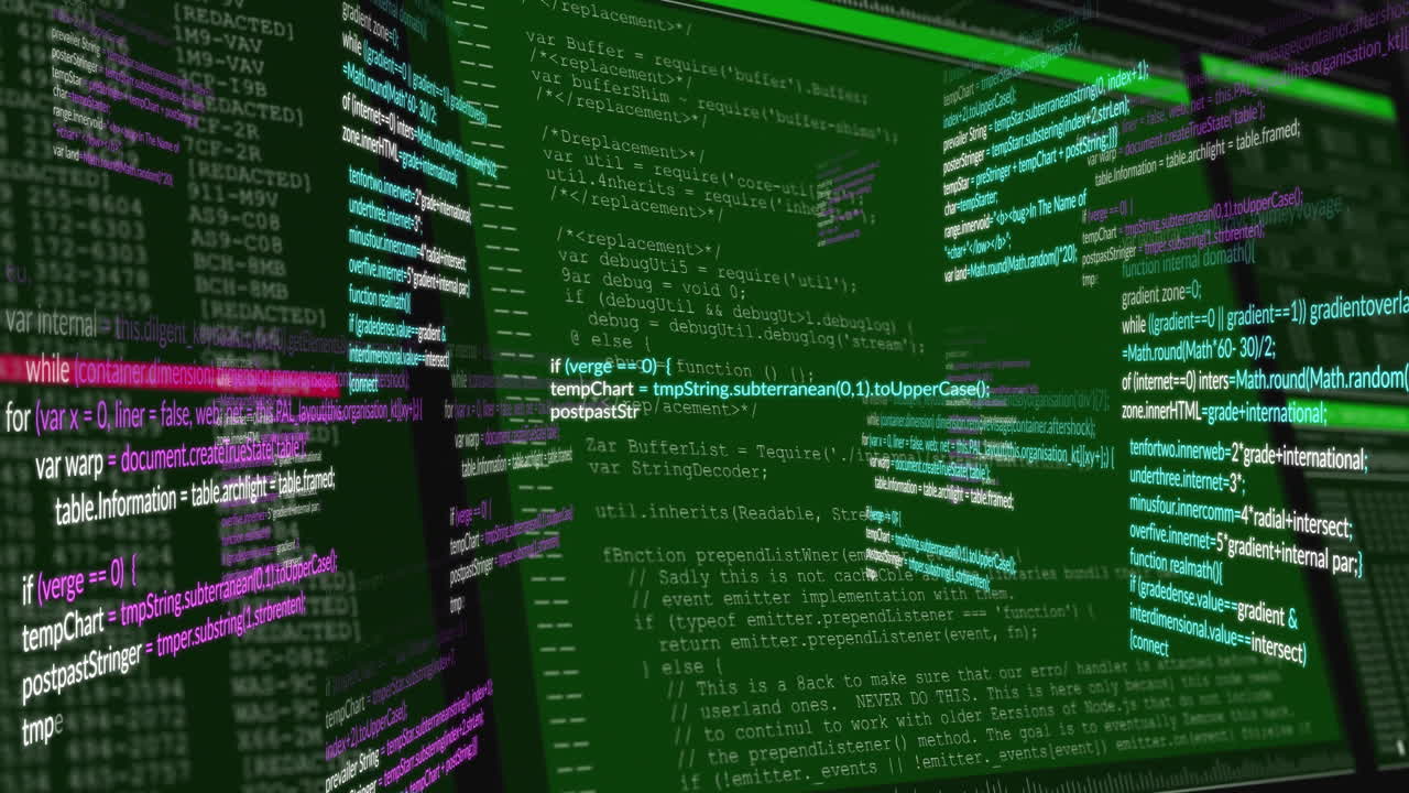 Animation of colorful programming code on green digital screen in school setting