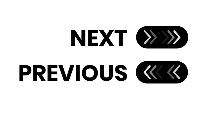 Next and previous text with directional arrows animation isolated on white background