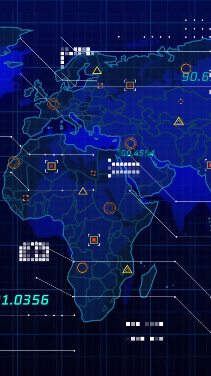 Animation of data processing over world map on black background
