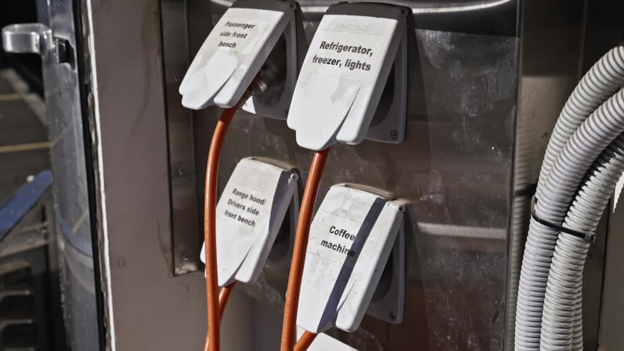 Close-up of labelled power outlets on a mobile cafe cart, with cables supplying electricity to coffee machine and appliances in an outdoor setup