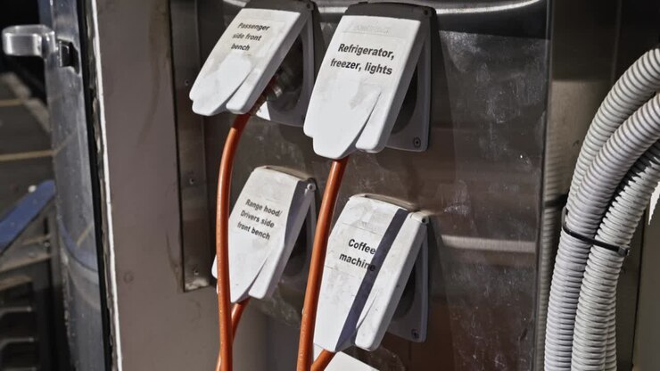 Primo piano di prese di corrente etichettate su un carrello bar mobile, con cavi che forniscono elettricità a macchina da caffè ed elettrodomestici in un allestimento esterno