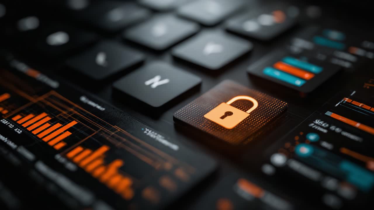 Exploring Cybersecurity: A Focus on Data Protection with an Emphasis on Digital Lock Features Displayed on a Keyboard along with Analytical Graphs and Metrics