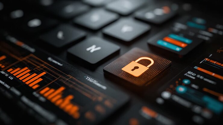 Exploring Cybersecurity: A Focus on Data Protection with an Emphasis on Digital Lock Features Displayed on a Keyboard along with Analytical Graphs and Metrics